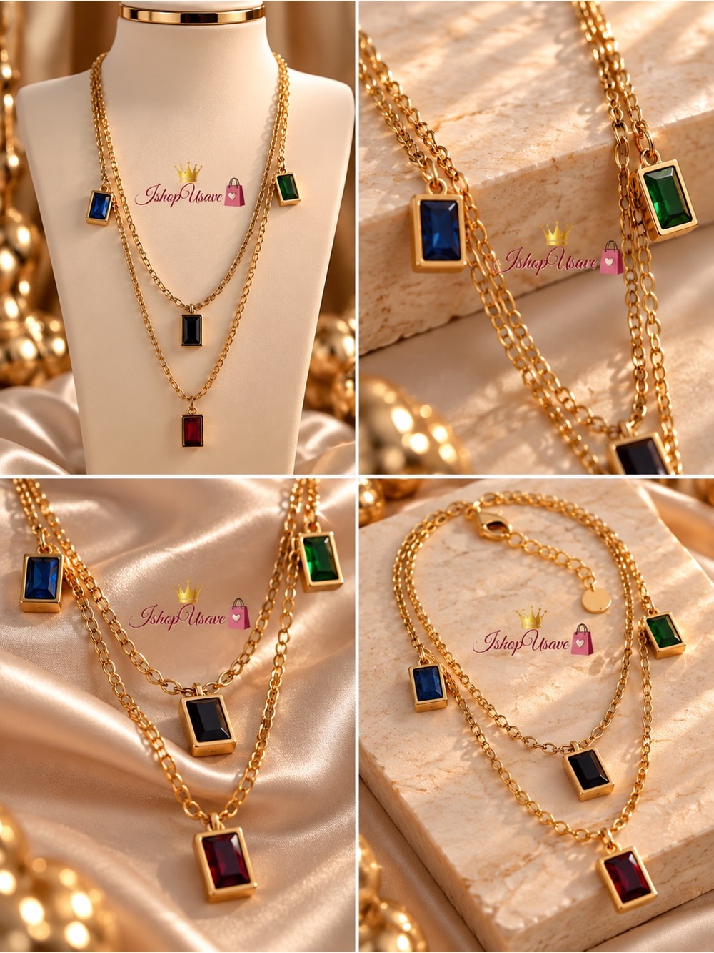Gold Layered Necklace with Blue, Black, Green & Red Gemstones